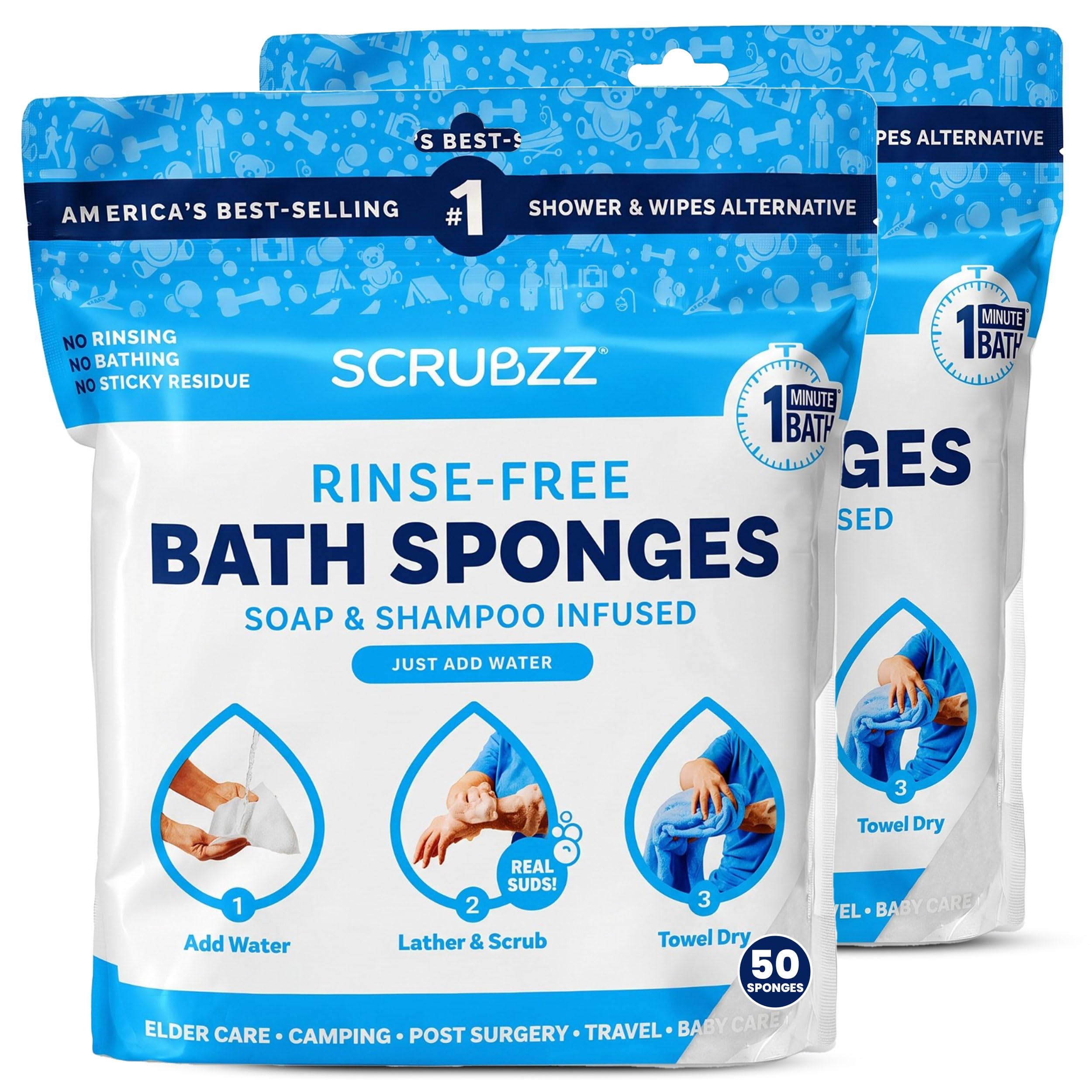Scrubzz front packaging showing resealable 2-pack and wipe count benefit