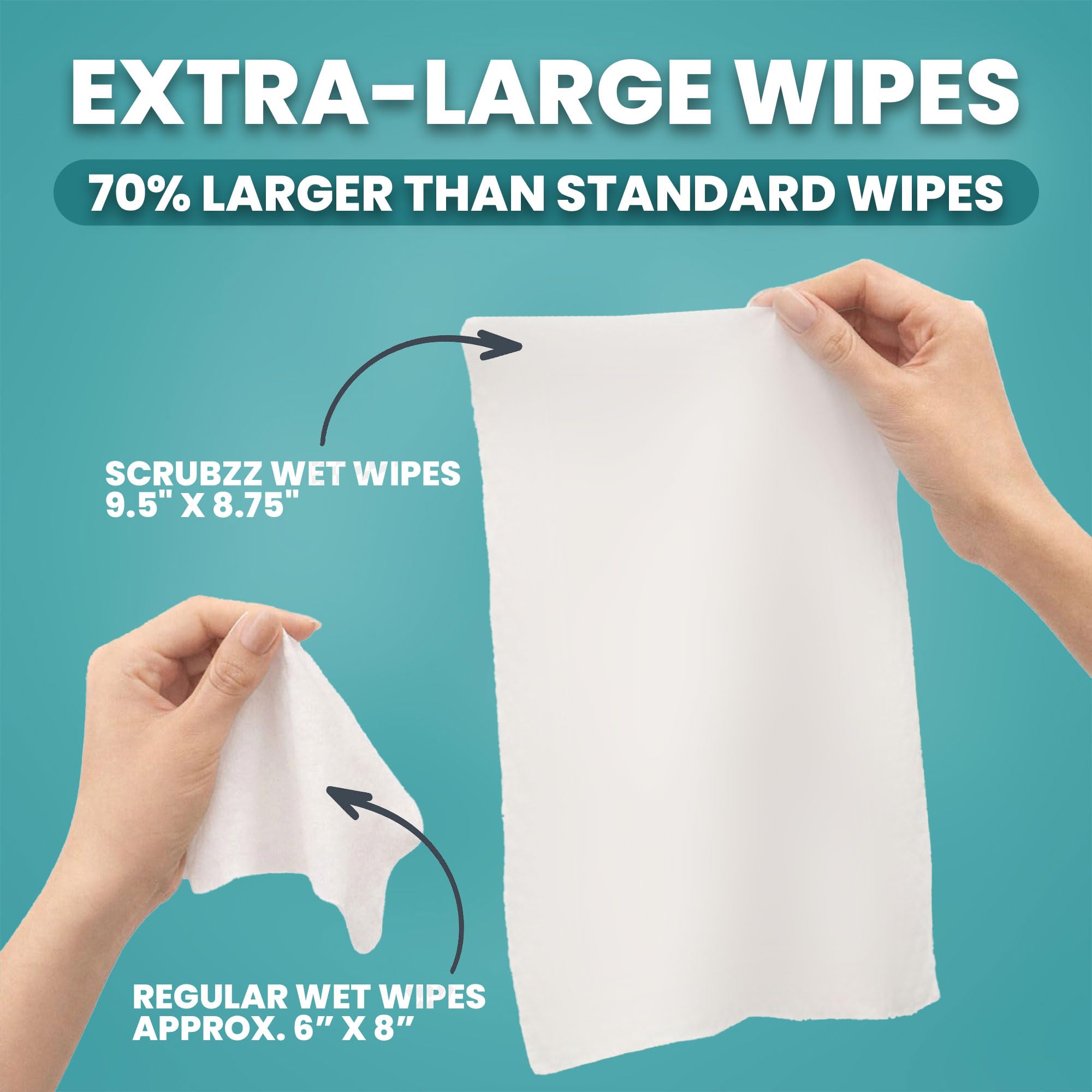 Scrubzz extra-large wipe unfolded to display size and coverage benefit