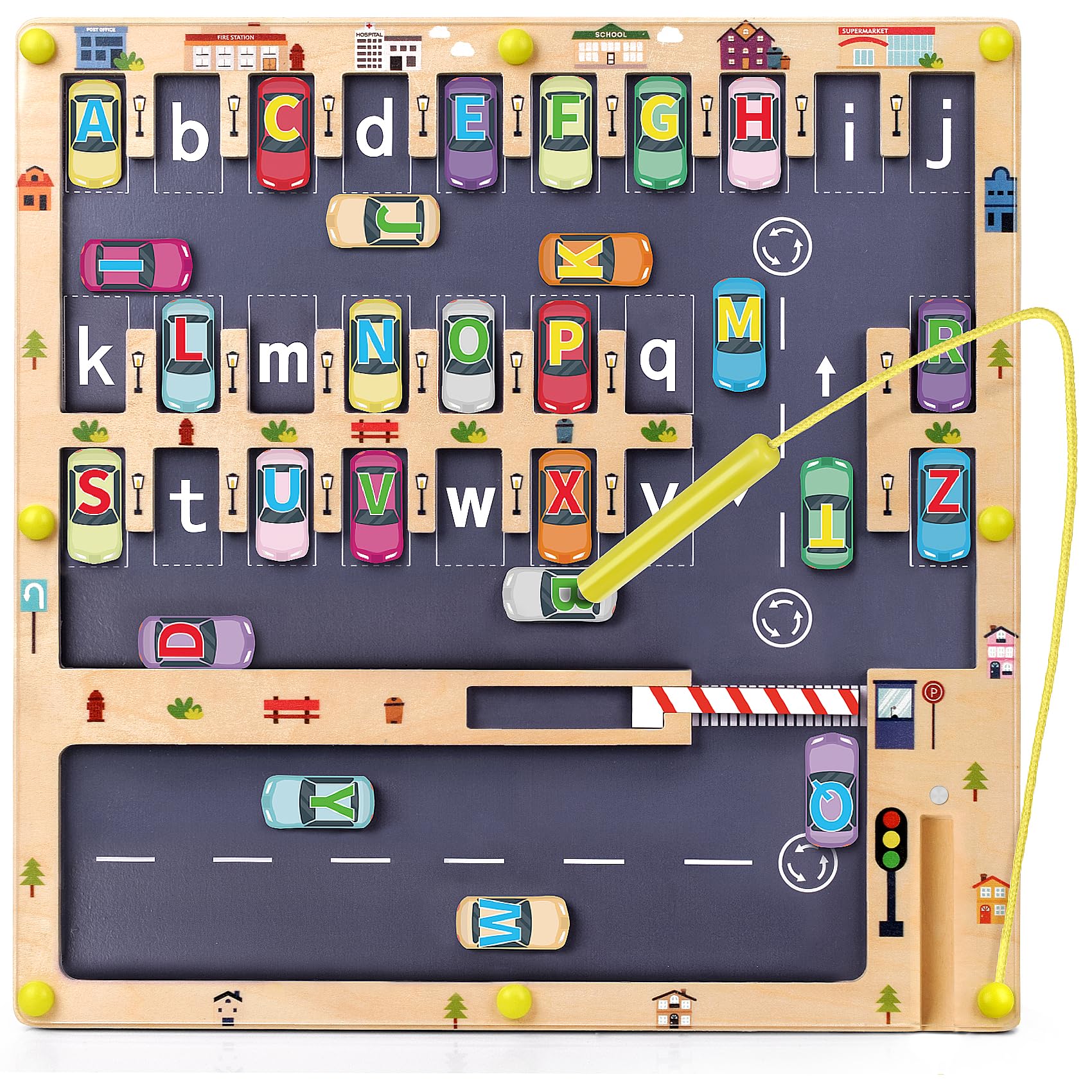 Scuwtocn front view of wooden magnetic alphabet maze showing board and storage benefits