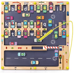 Scuwtocn front view of wooden magnetic alphabet maze showing board and storage benefits