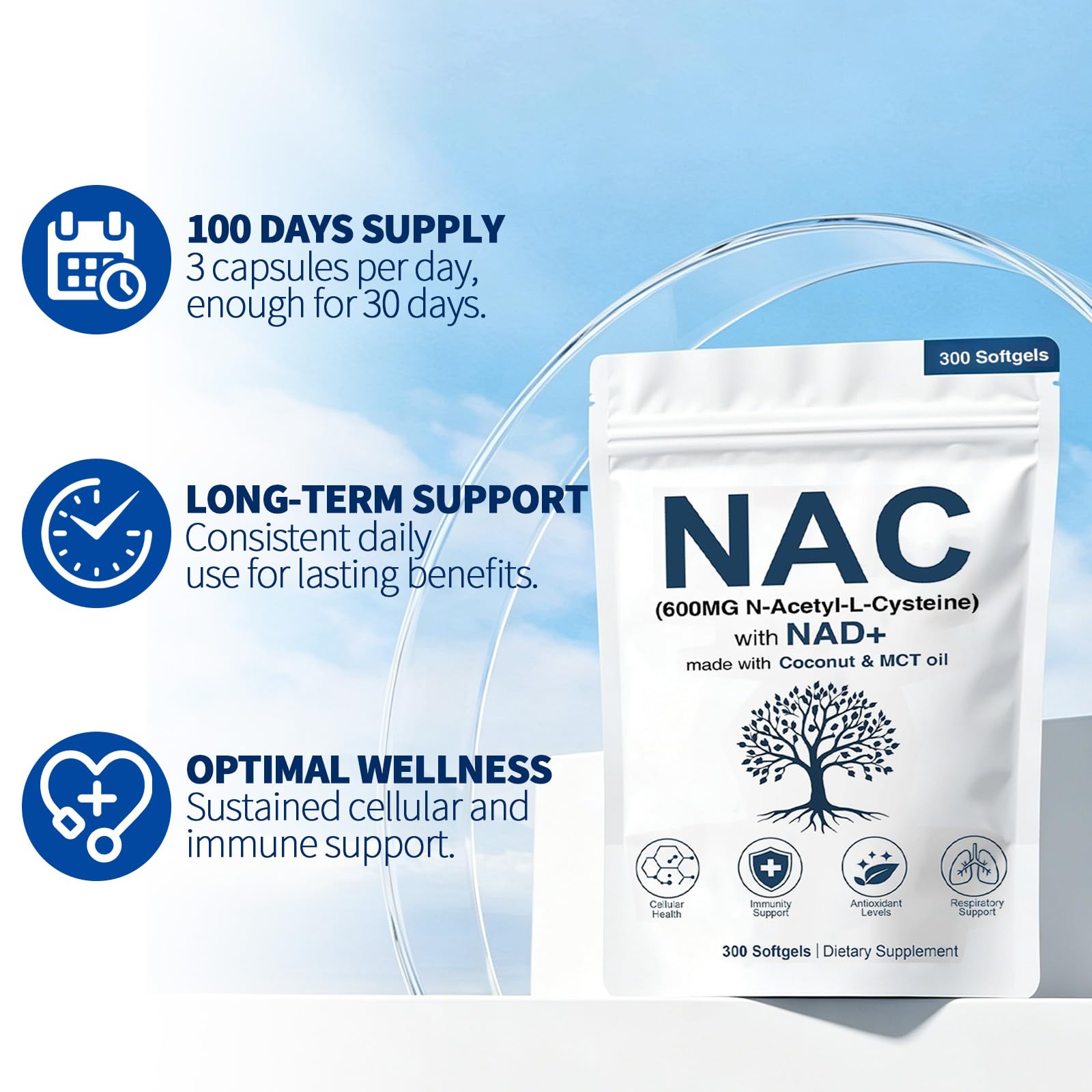 SEAFLEX product label close-up highlighting NAC 600mg, NAD+, non-GMO and gluten-free benefits