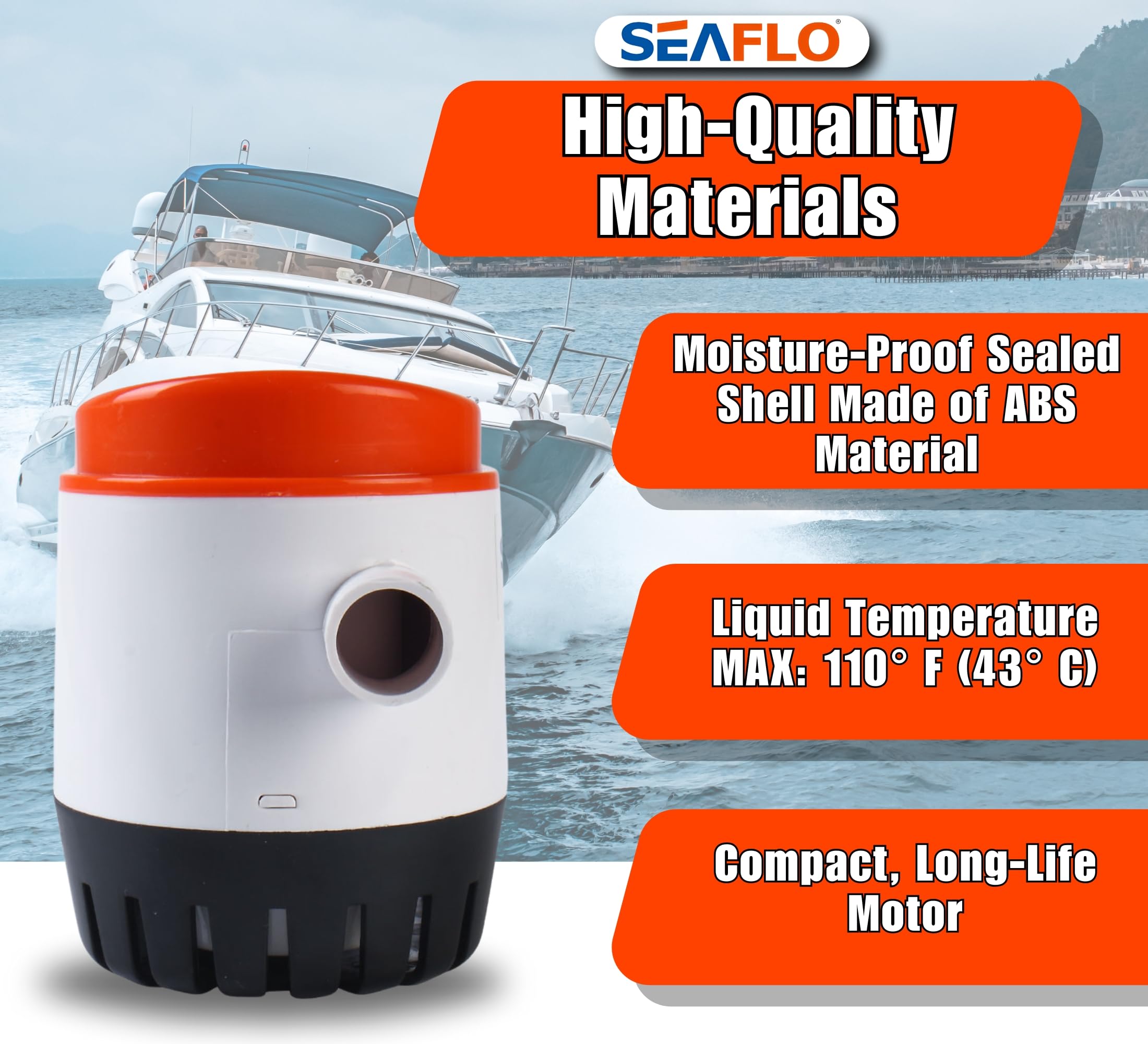 SEAFLO mounted with hose connection for secure, leak-resistant bilge discharge