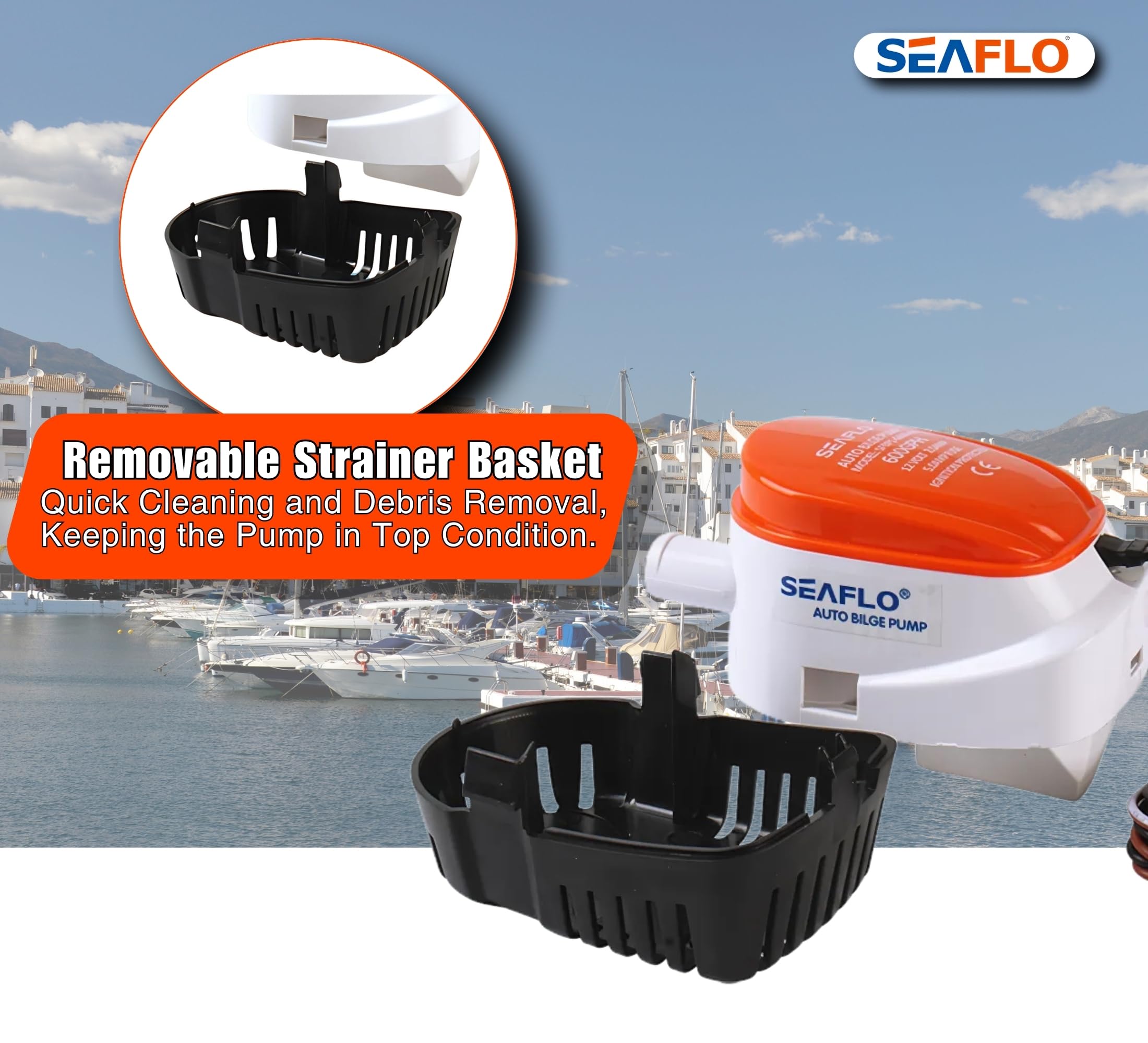 SEAFLO serviceable housing opened illustrating easy access for inspections