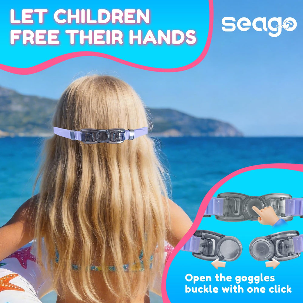 Seago goggles on a child in a pool demonstrating clear vision and confidence