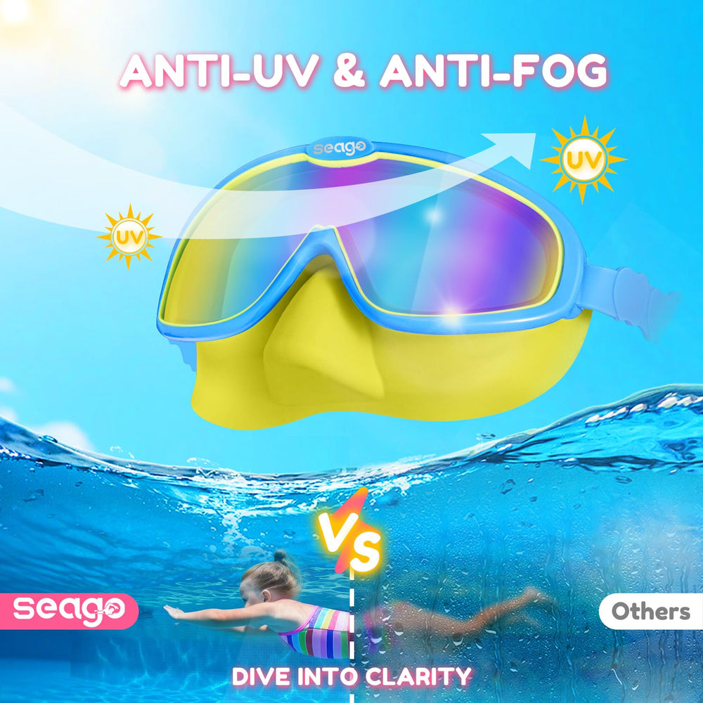 Seago goggles next to a child’s hand showing compact size and scale