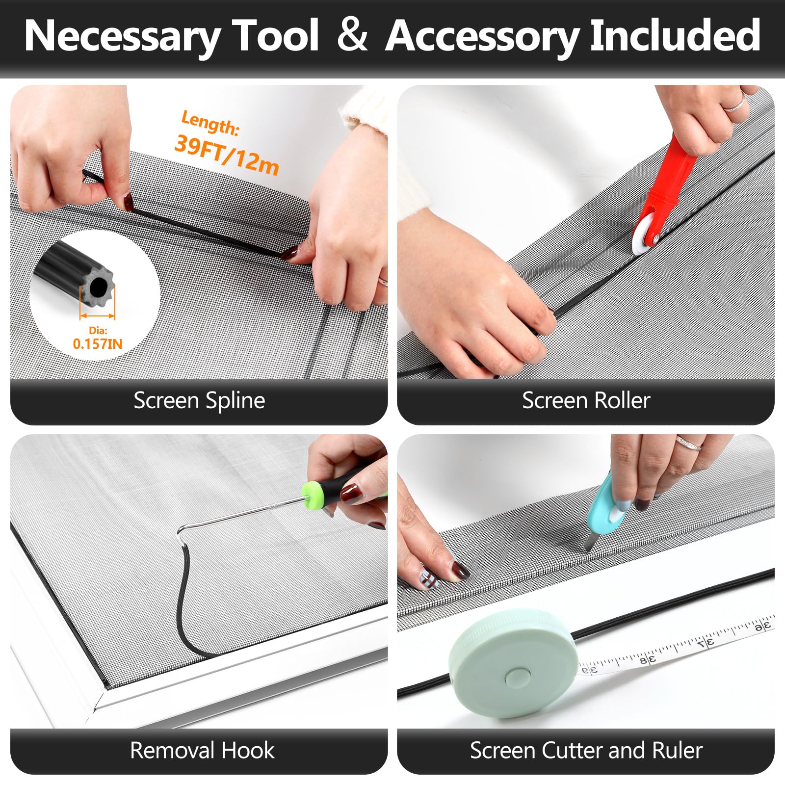 Secopad kit tools laid out showing spline, roller, hook, cutter and ruler convenience