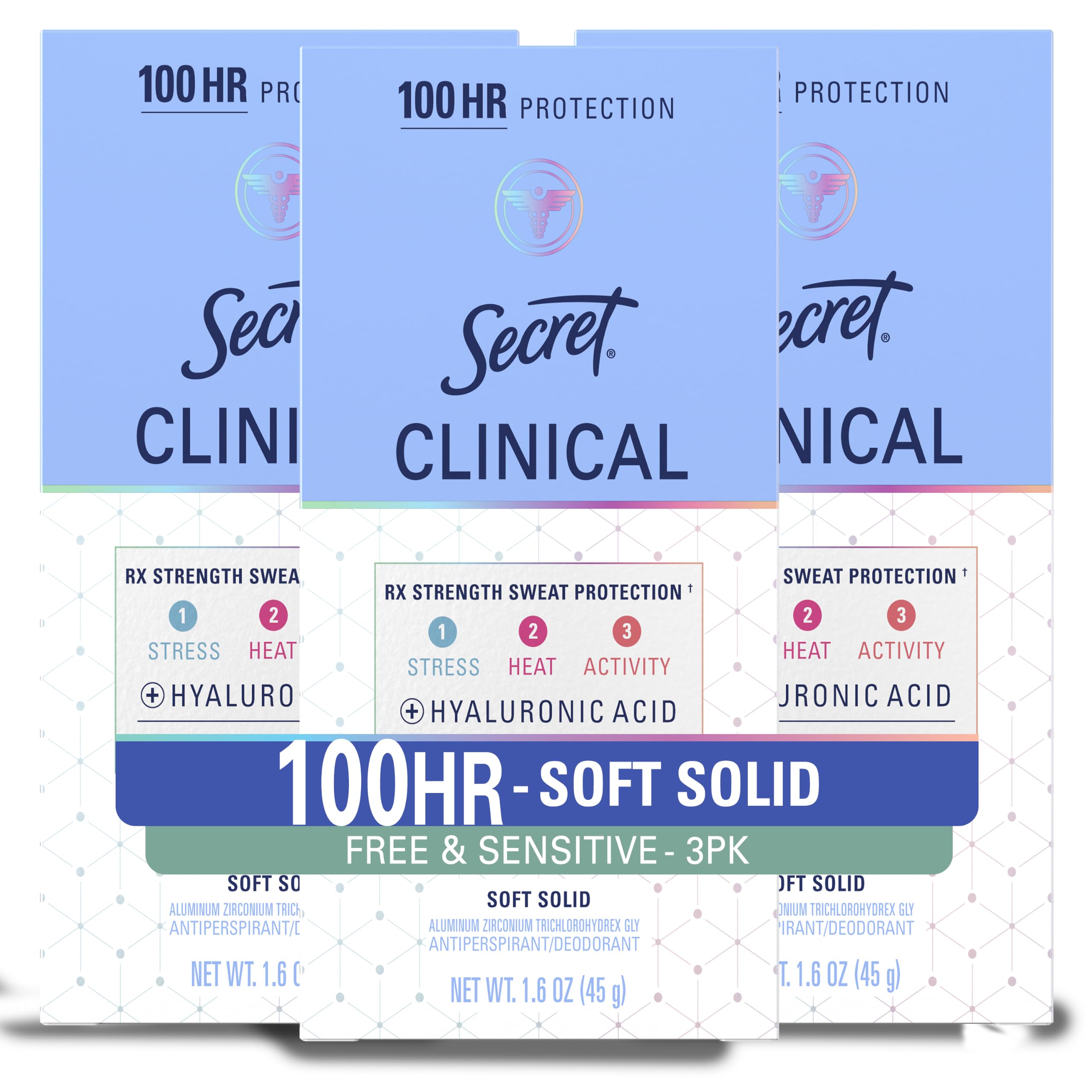 Secret clinical strength front packaging showing unscented benefits and protection
