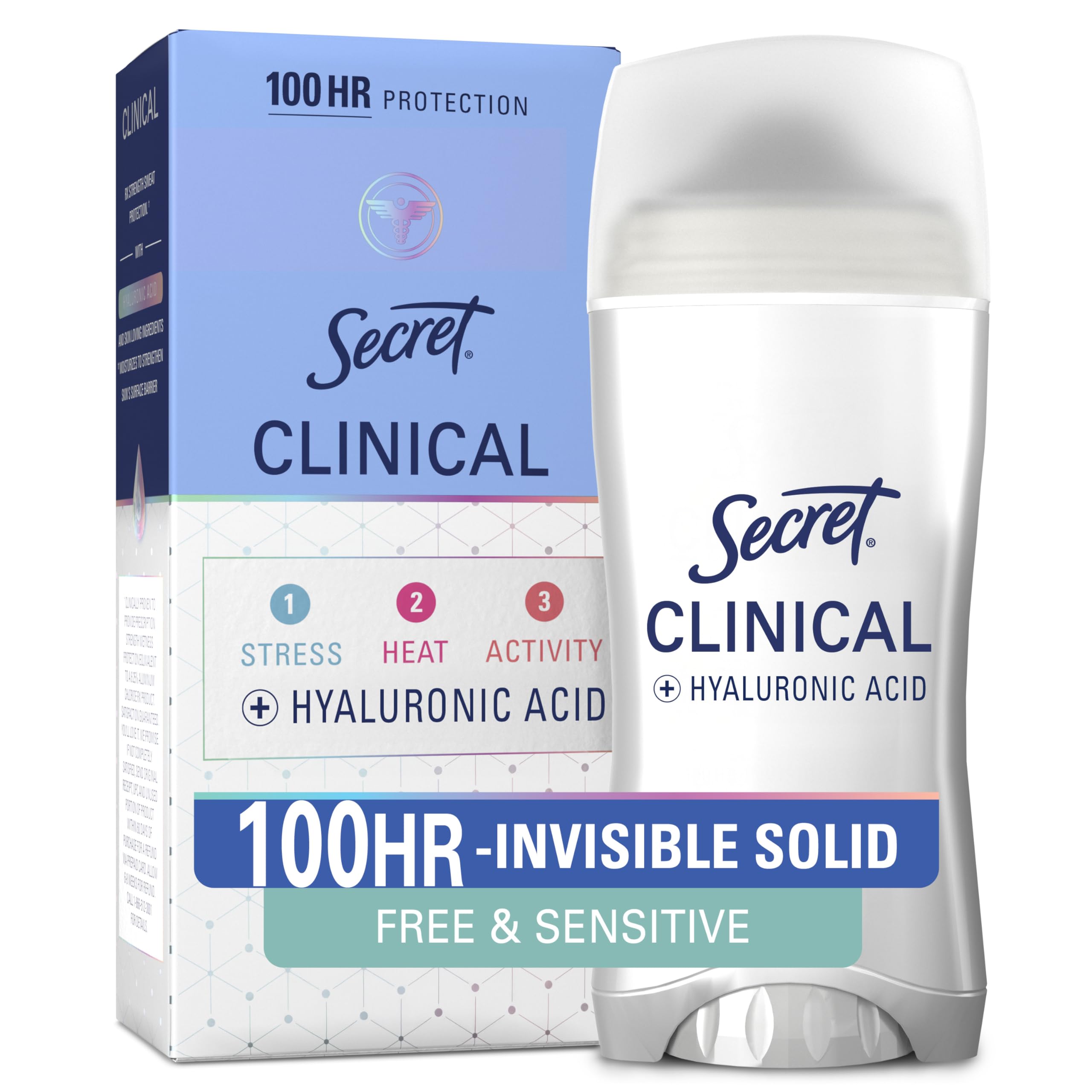 Secret clinical strength front packaging showing product and benefits