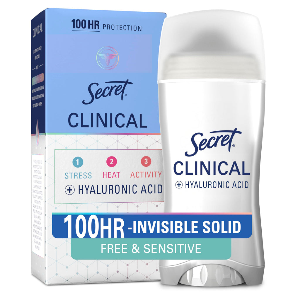 Secret clinical strength front packaging showing product and benefits