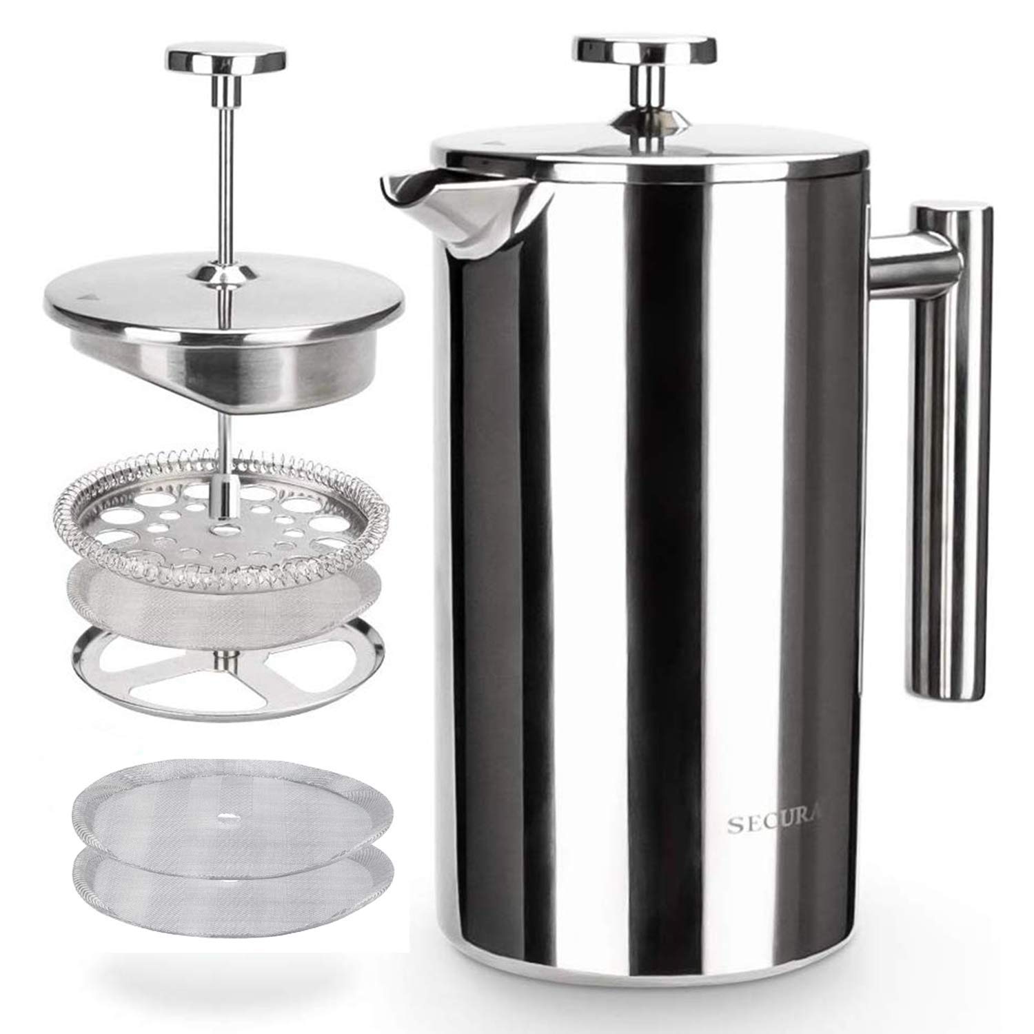 Secura front view stainless French press showing durable insulated body and polished finish benefit: long-lasting heat retention