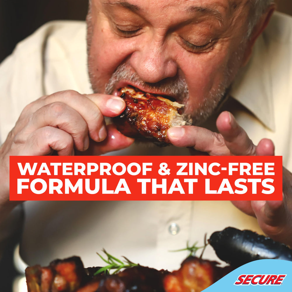 Secure denture in use while eating showing secure seal benefit