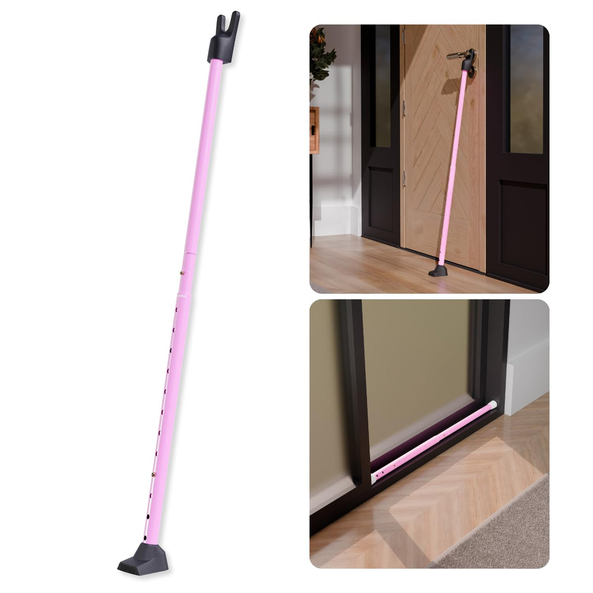 SECURITYMAN front view of pink adjustable door security bar showing full length and color benefit
