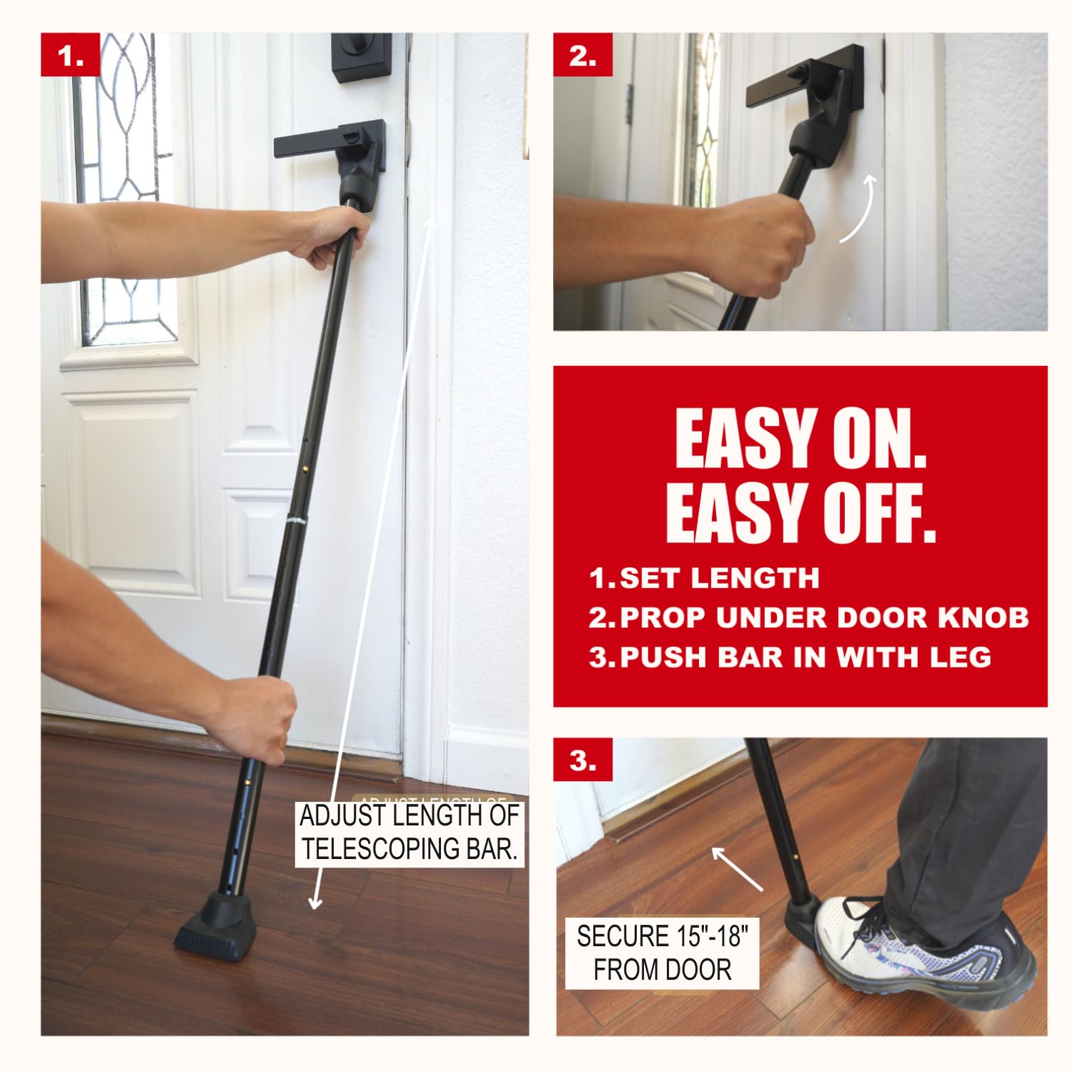 SECURITYMAN bar propped under door knob showing simple installation advantage