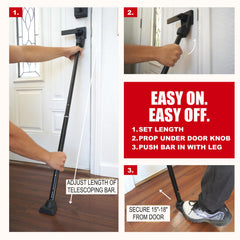 SECURITYMAN bar propped under door knob showing simple installation advantage