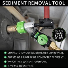 Sediment Gone connected to garden hose for safe wastewater routing