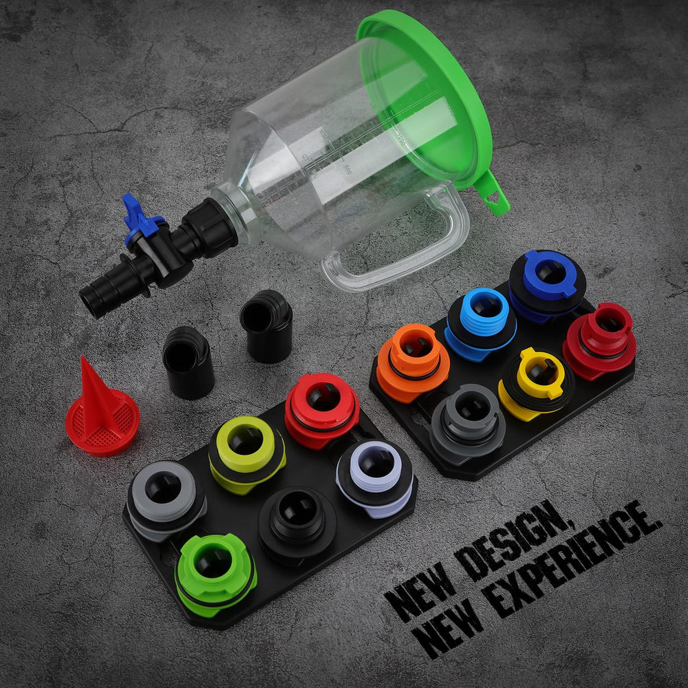 SEDY adapter fitted into car filler neck during oil change, secure no-spill connection benefit