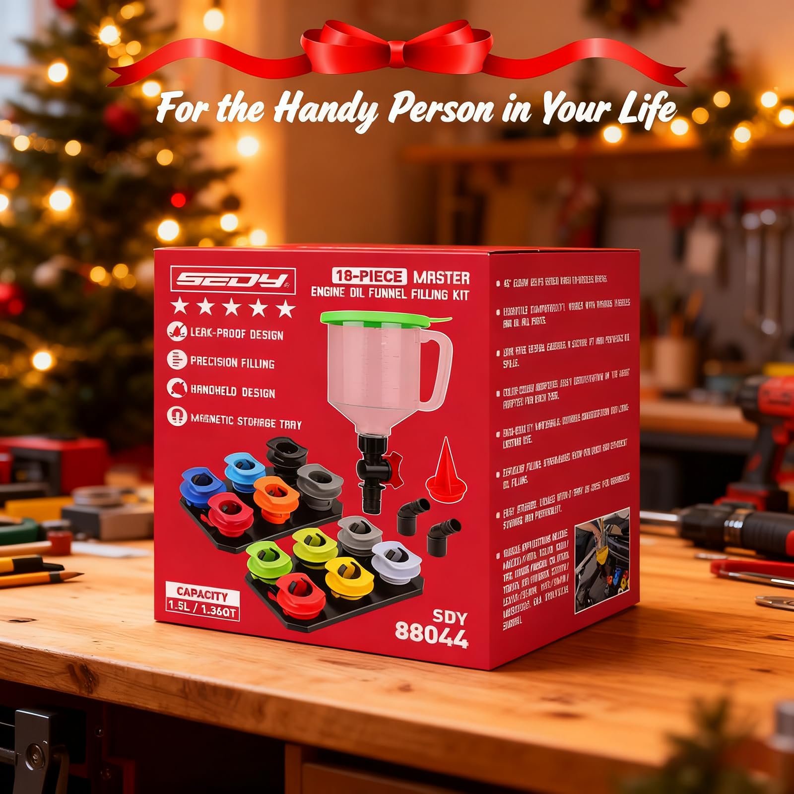 SEDY lifestyle garage setup with funnel kit ready, efficient DIY oil maintenance benefit