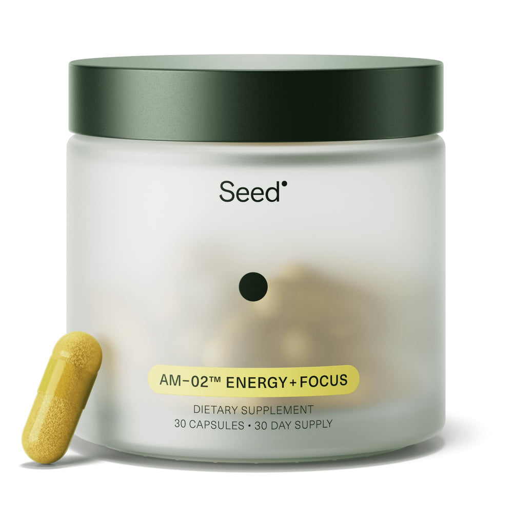 Seed jar front view showing AM-02 packaging and clear branding, promotes trust
