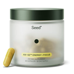 Seed jar front view showing AM-02 packaging and clear branding, promotes trust