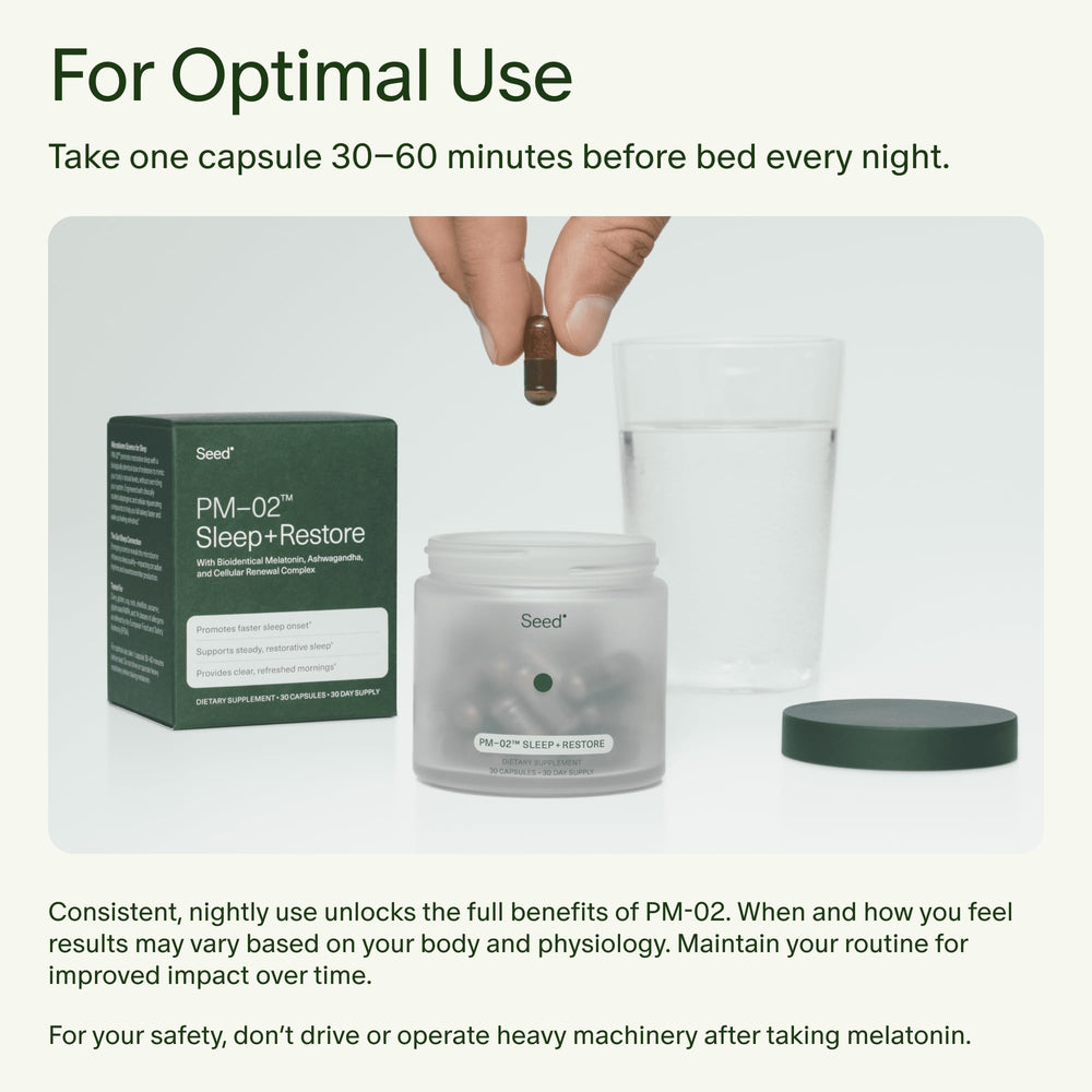 Seed PM-02 on bedside table showing nighttime routine and gentle support