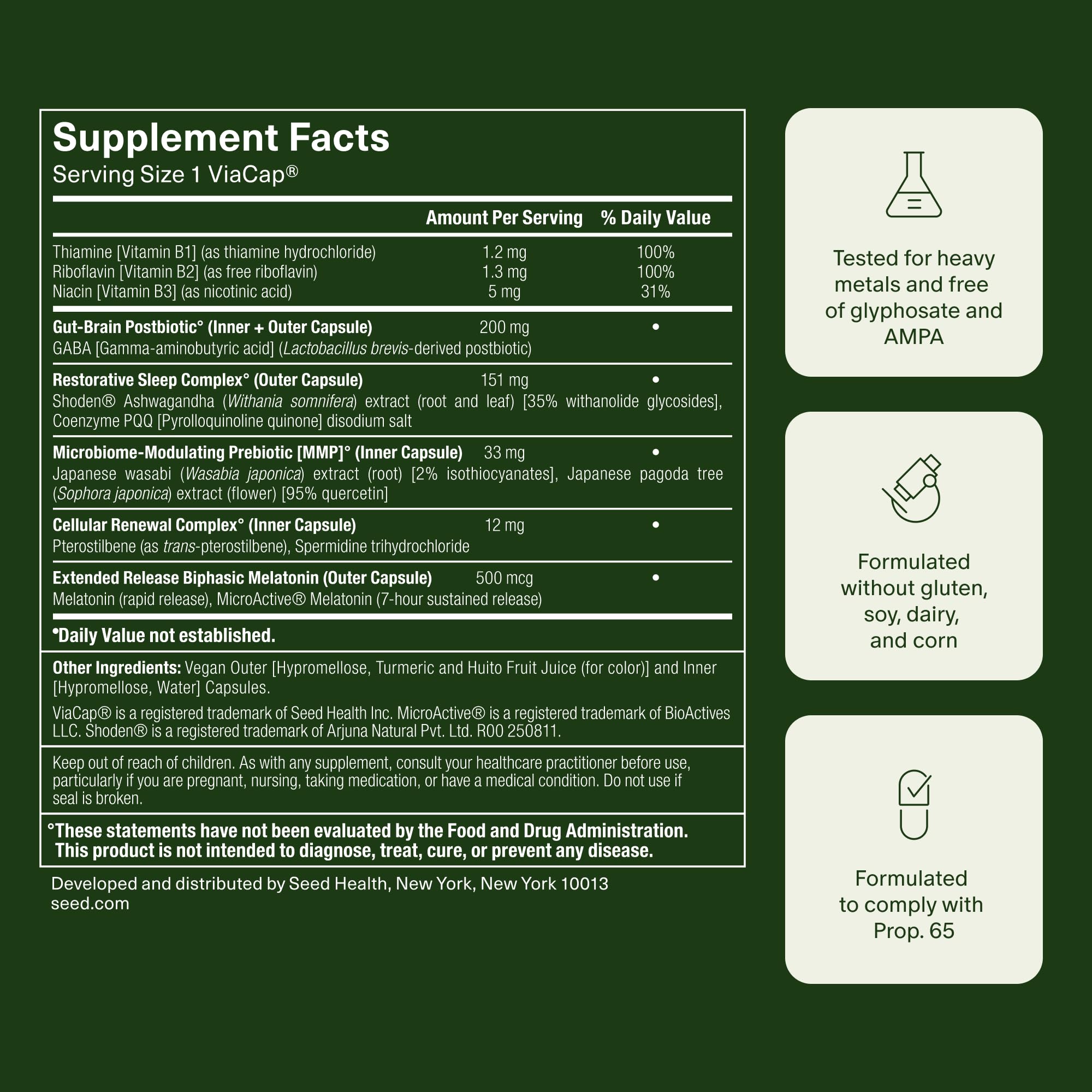 Seed PM-02 ingredient display illustrating melatonin, ashwagandha, microbiome support