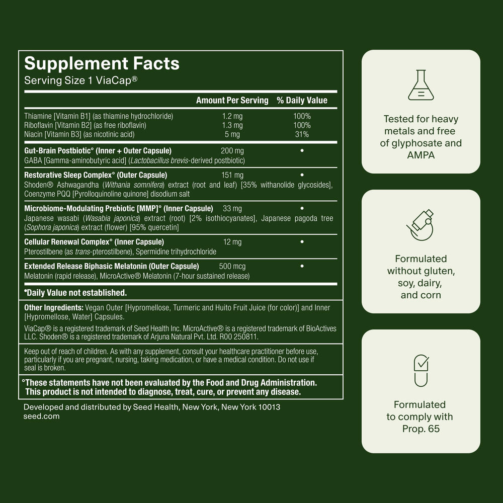Seed PM-02 ingredient display illustrating melatonin, ashwagandha, microbiome support
