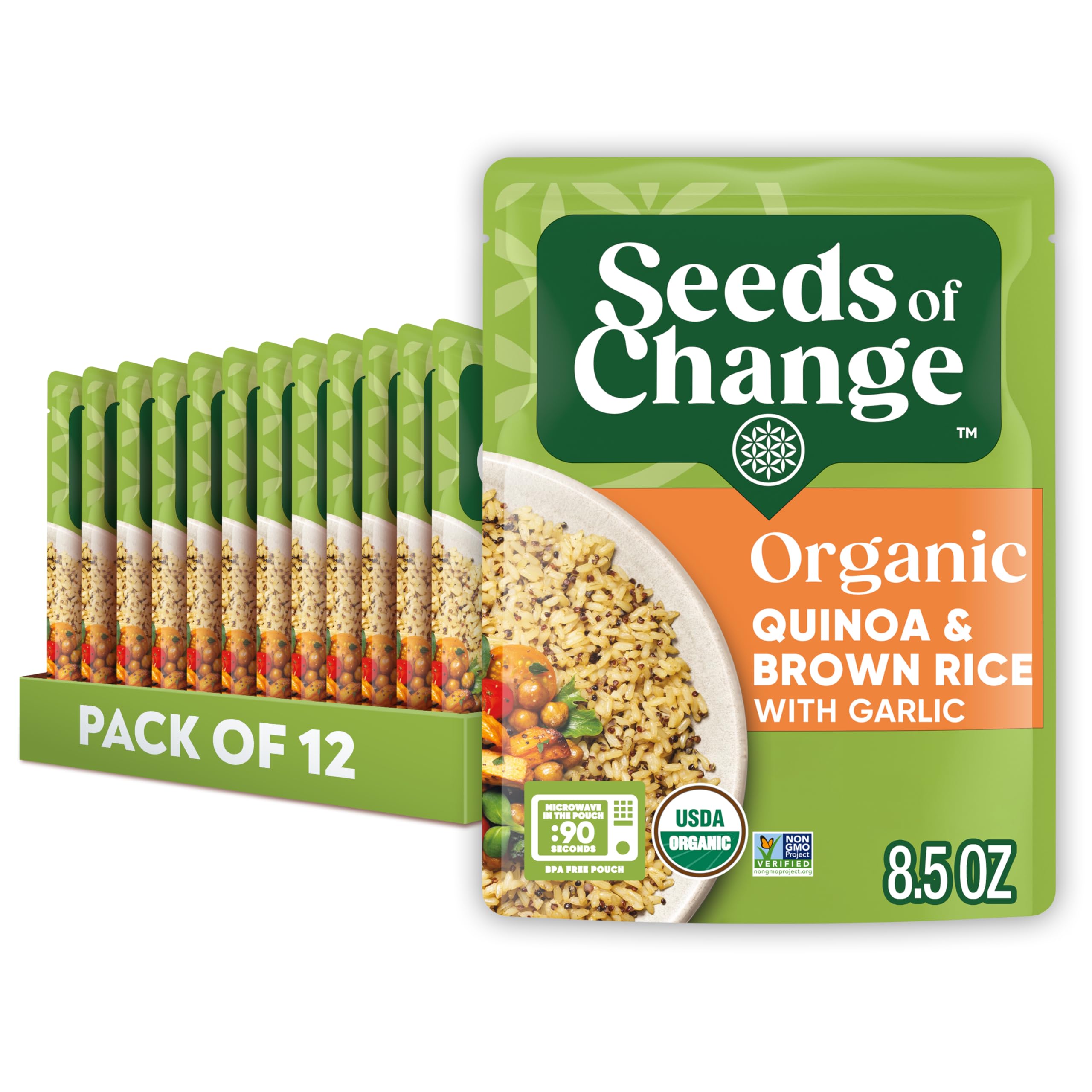 SEEDS OF CHANGE front packaging showing quinoa and brown rice for fast meals