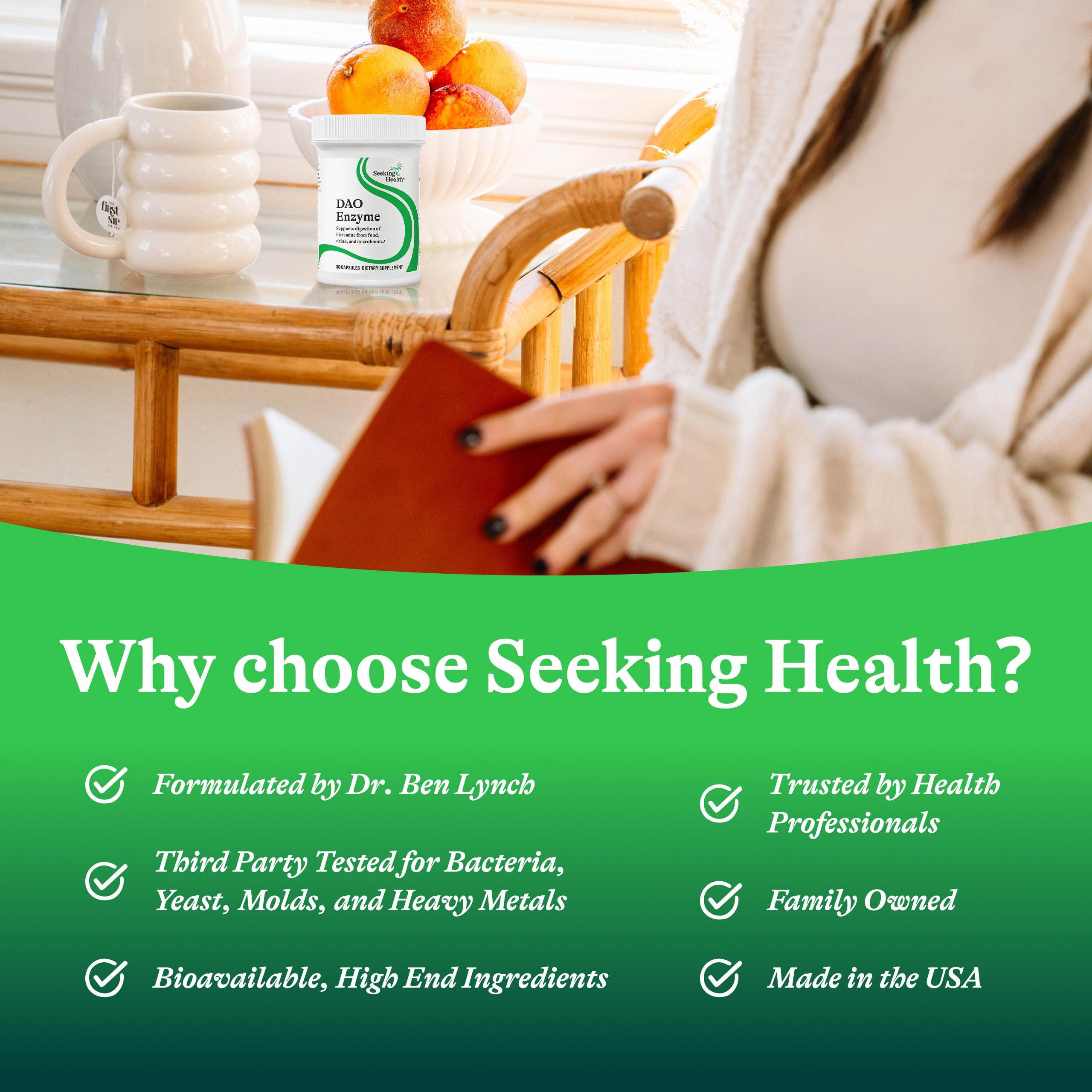 Seeking Health bottle on a dinner table showing practical use with meals