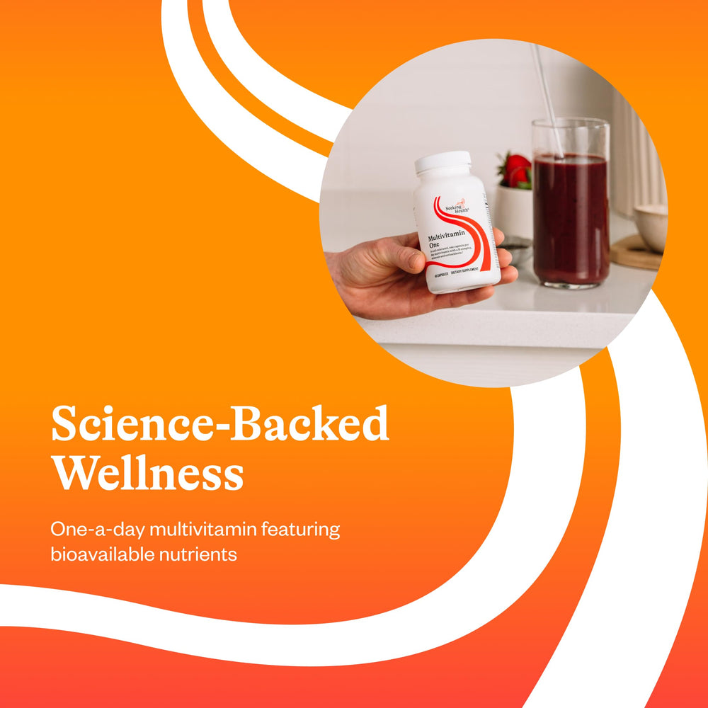 Seeking Health bottle open with capsules displayed to show capsule color and quantity