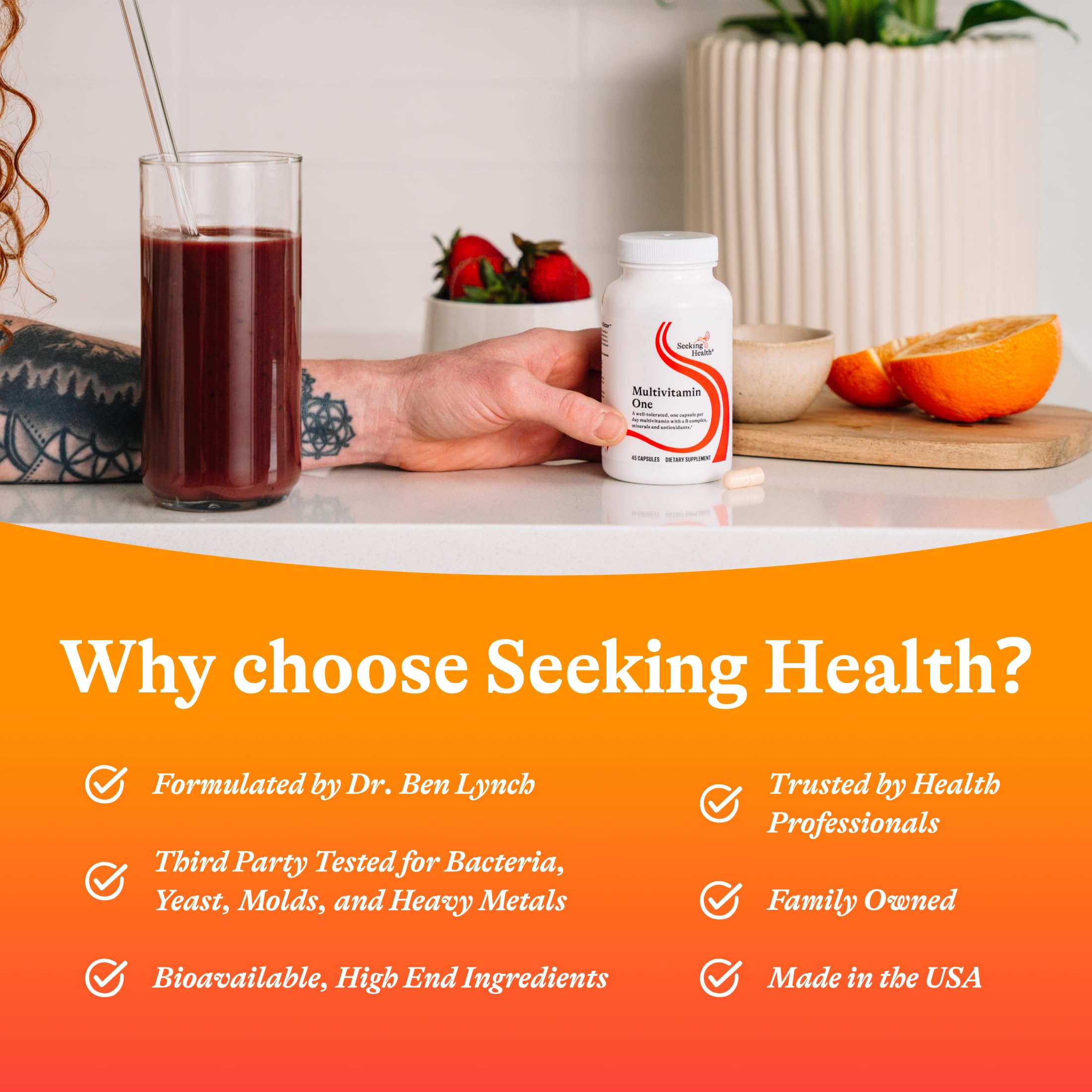 Seeking Health bottle on kitchen table near glass of water illustrating daily use