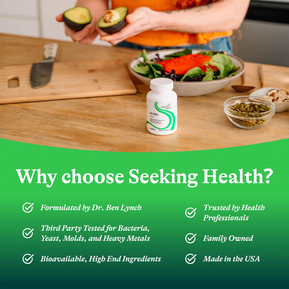 Hand holding Seeking Health ox bile capsule ready to take for convenient digestion support