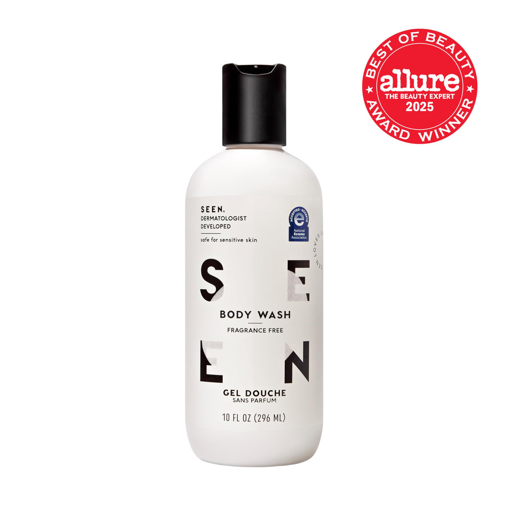 SEEN bottle staged in bathroom illustrating daily routine calmness