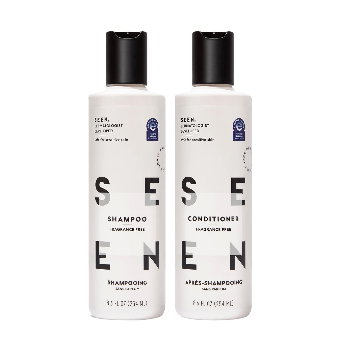 SEEN bundle front packaging shows clean design and gentle hair benefits