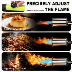 SEESE torch flame close-up showing strong, focused heat for quick searing