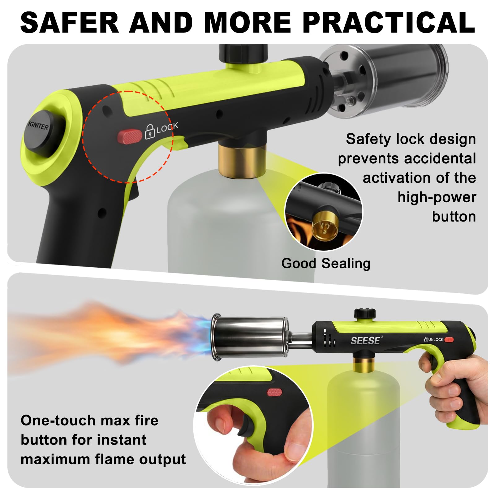 SEESE torch safety lock feature demonstrating secure accidental-use prevention