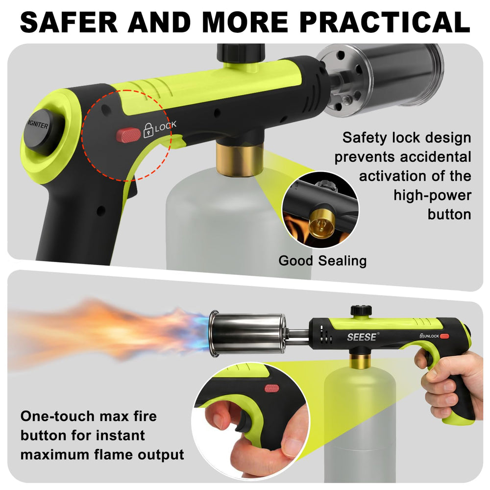 SEESE torch safety lock feature demonstrating secure accidental-use prevention