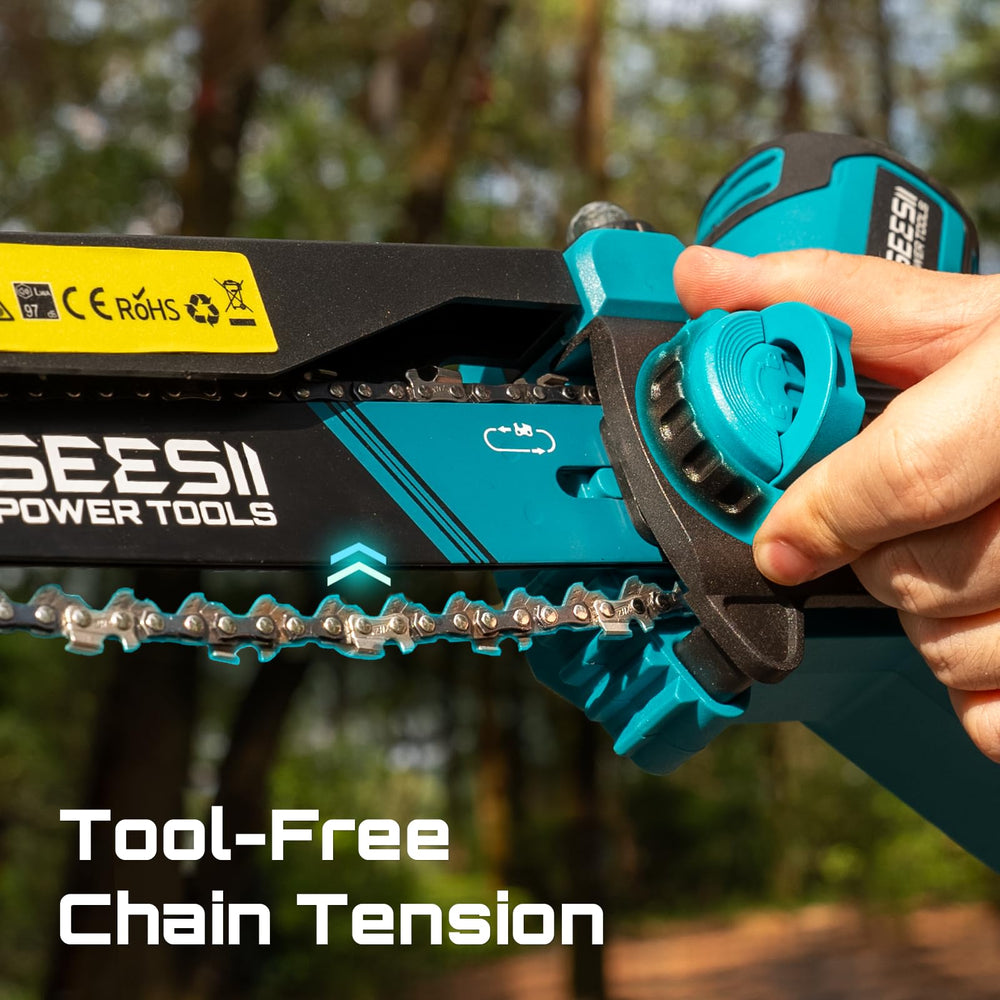 SEESII chainsaw cutting a branch for efficient yard work