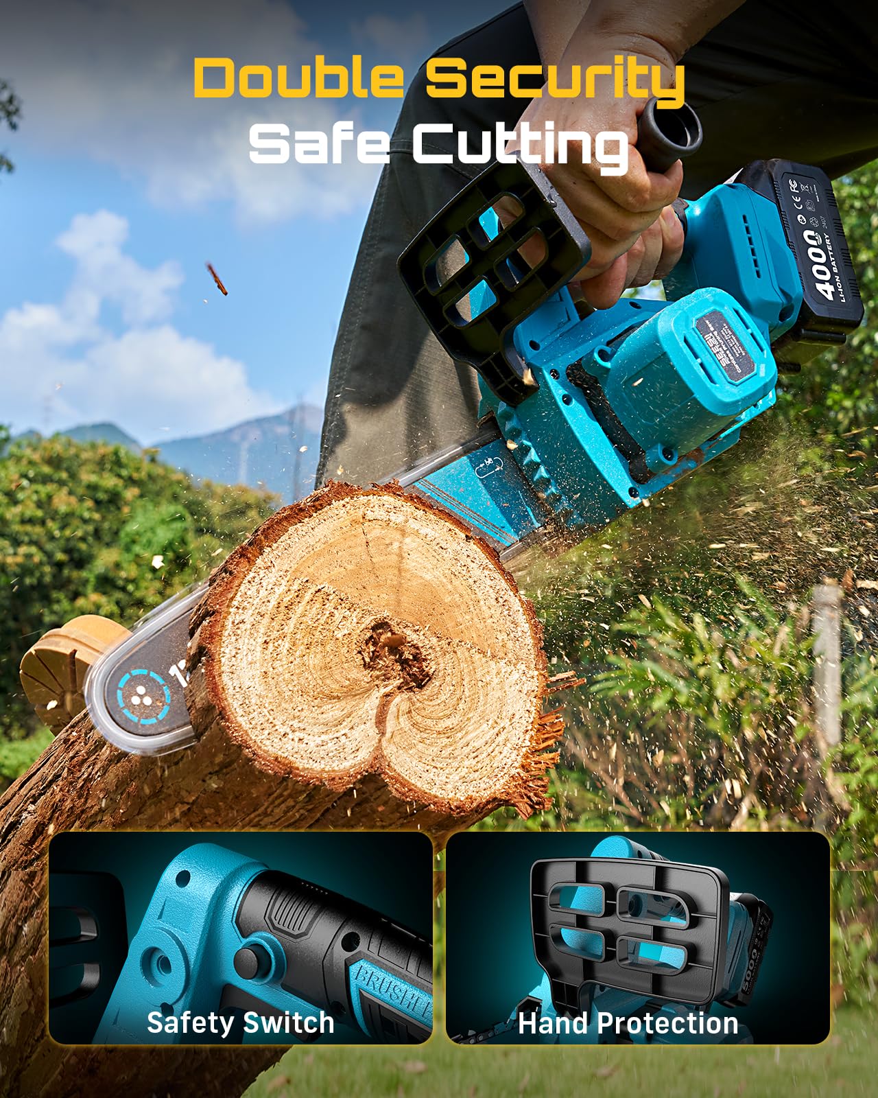 SEESII cutting a yard branch in use illustrating cordless freedom and strong performance