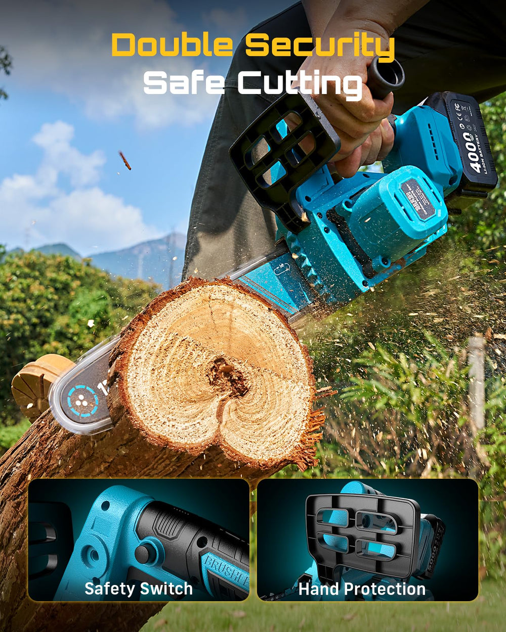 SEESII cutting a yard branch in use illustrating cordless freedom and strong performance