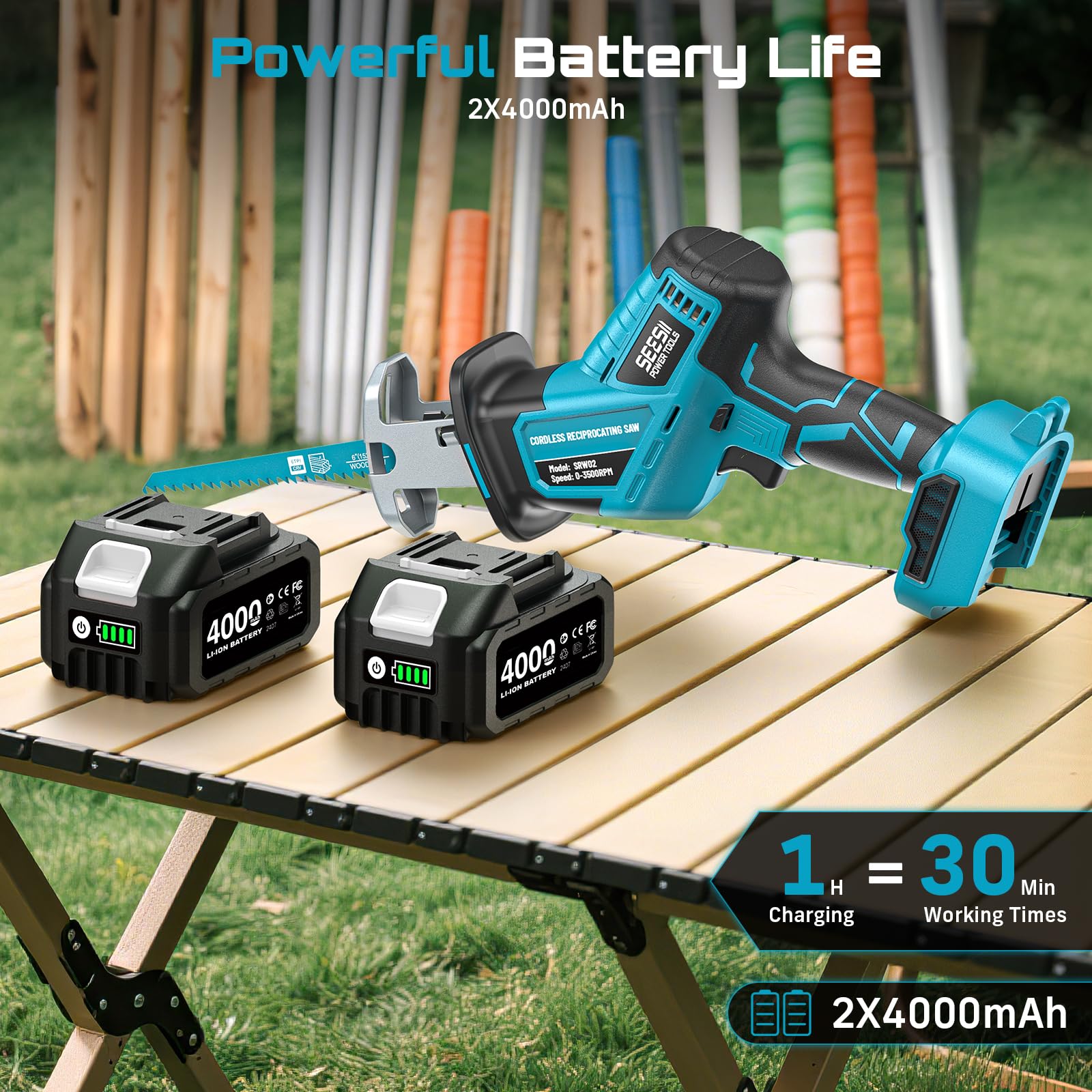 SEESII cordless saw with two 4.0Ah batteries and fast charger for longer runtime