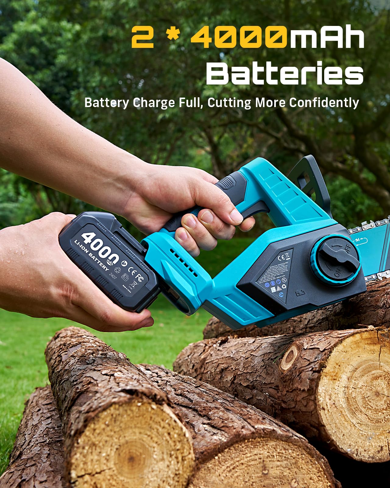 SEESII beside a log for scale showing 12-inch bar capacity and practical cutting size