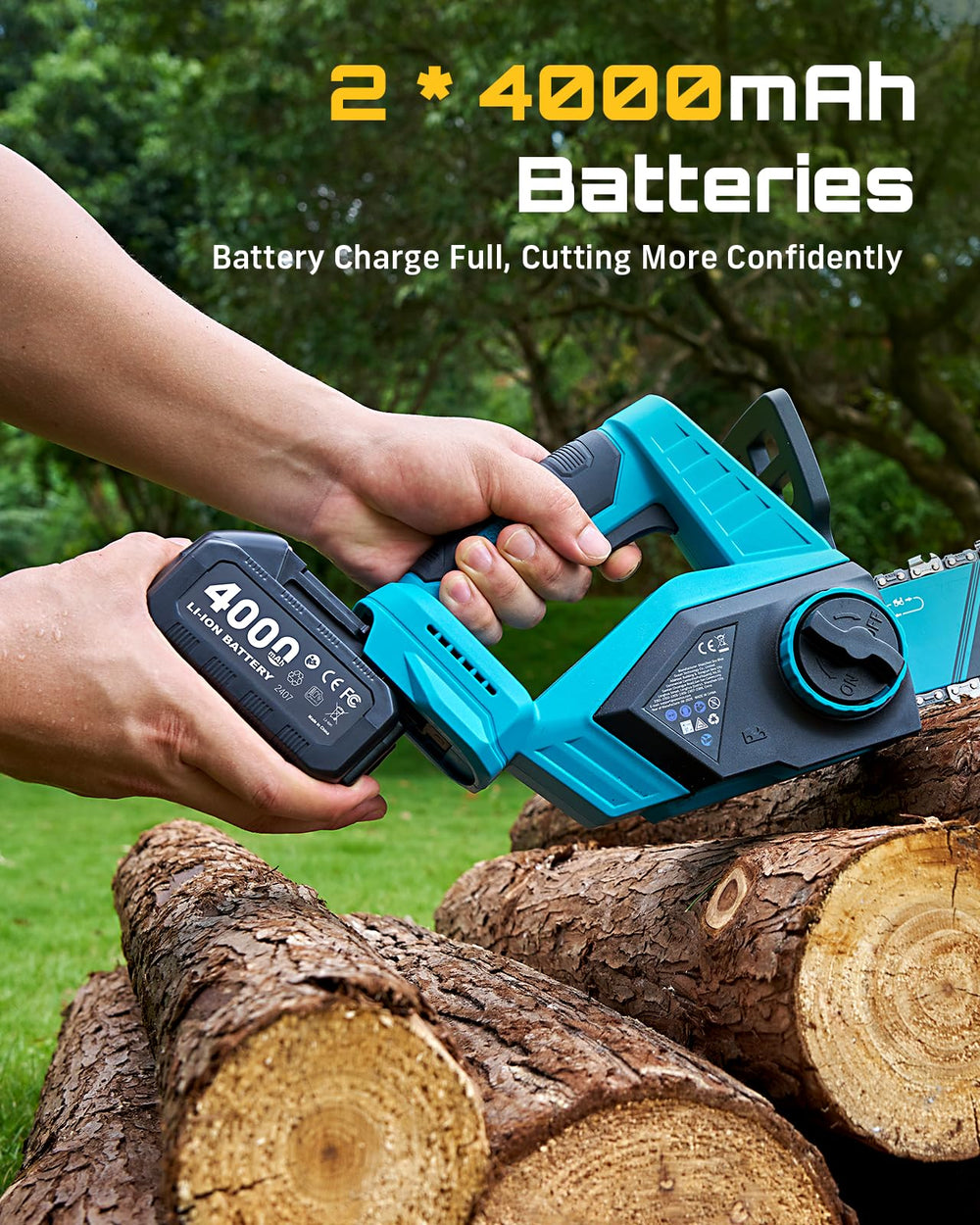 SEESII beside a log for scale showing 12-inch bar capacity and practical cutting size
