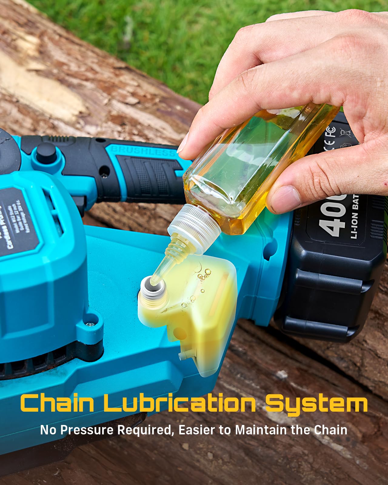 SEESII chainsaw side profile held by user demonstrating lightweight 12 lb portability