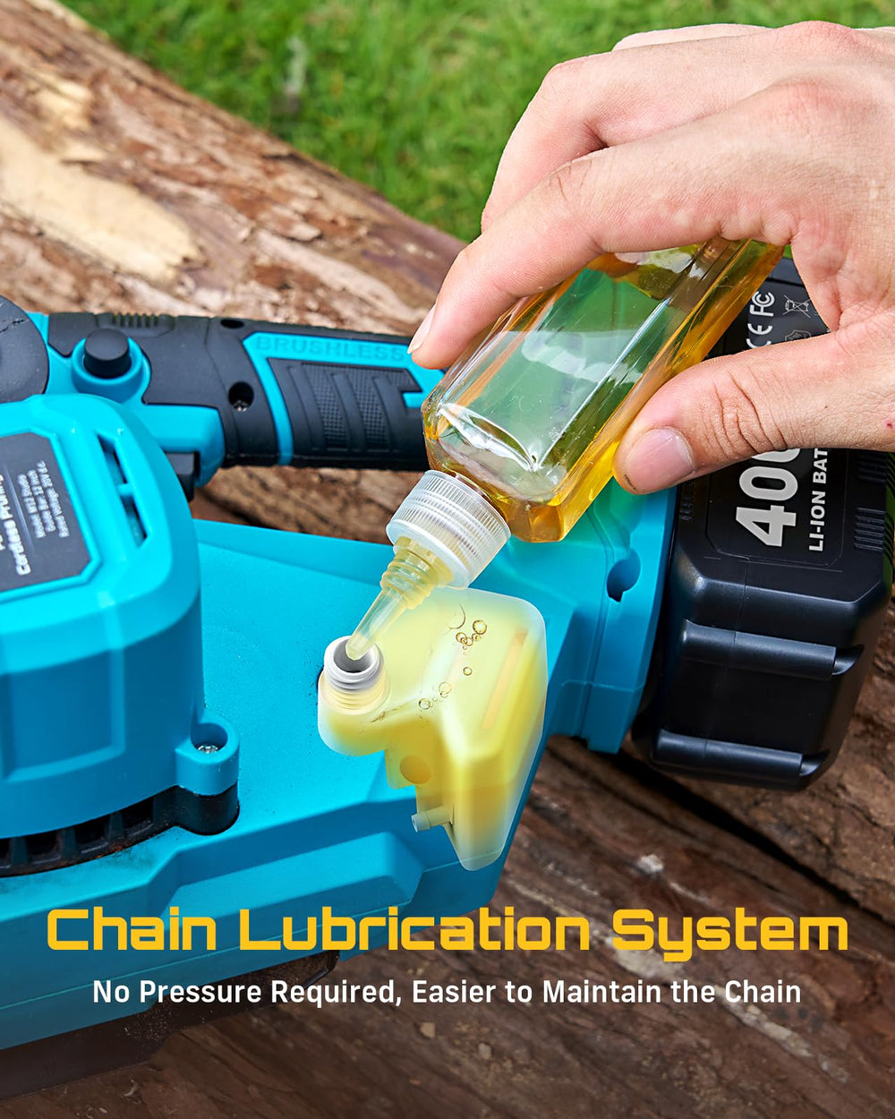 SEESII chainsaw side profile held by user demonstrating lightweight 12 lb portability