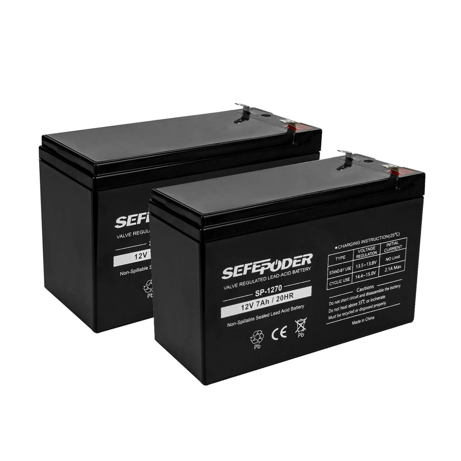 SEFEPODER front view of two 12V 7Ah batteries showing compact size and terminals benefiting installation