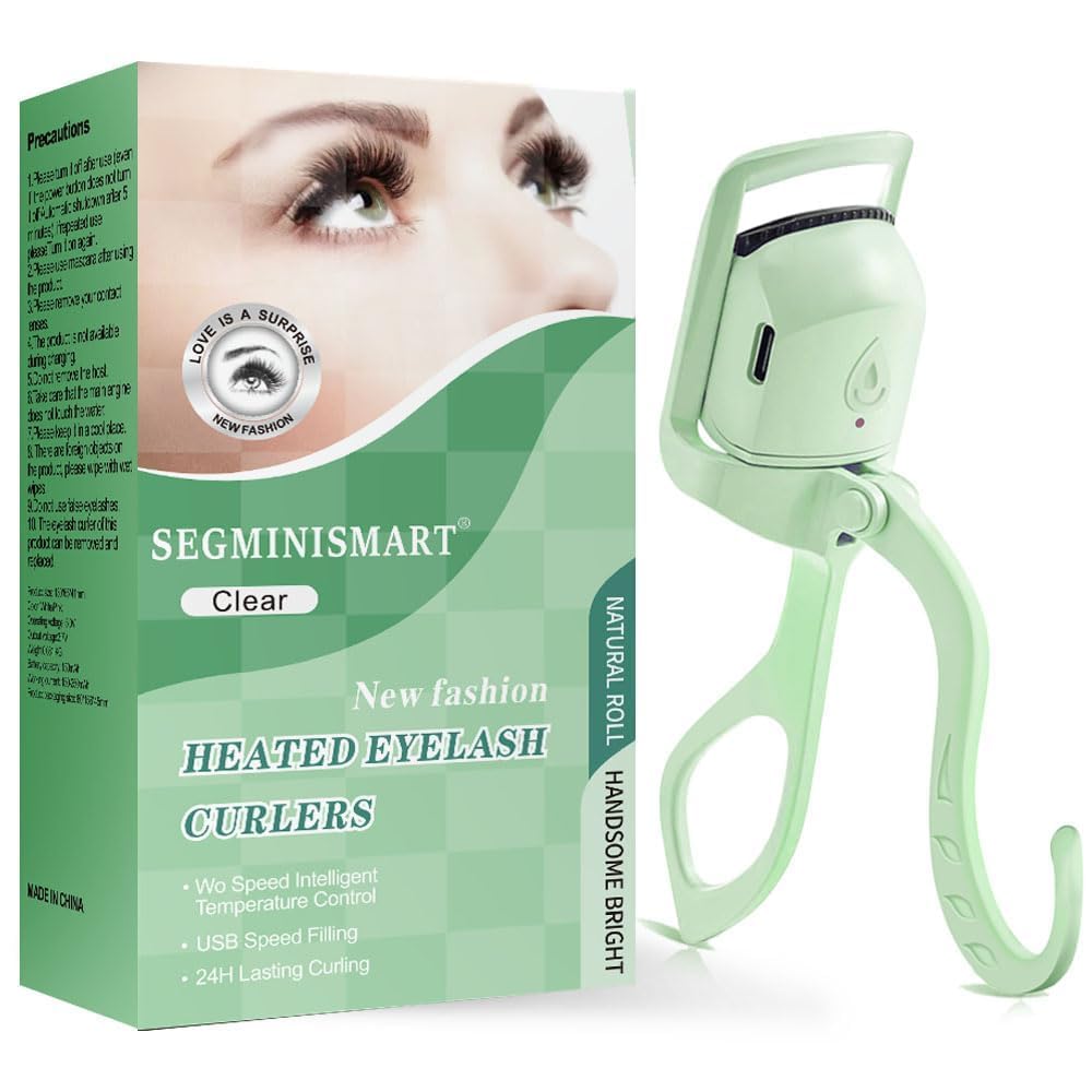 SEGMINISMART front view of green heated eyelash curler showing slim design and quick heat