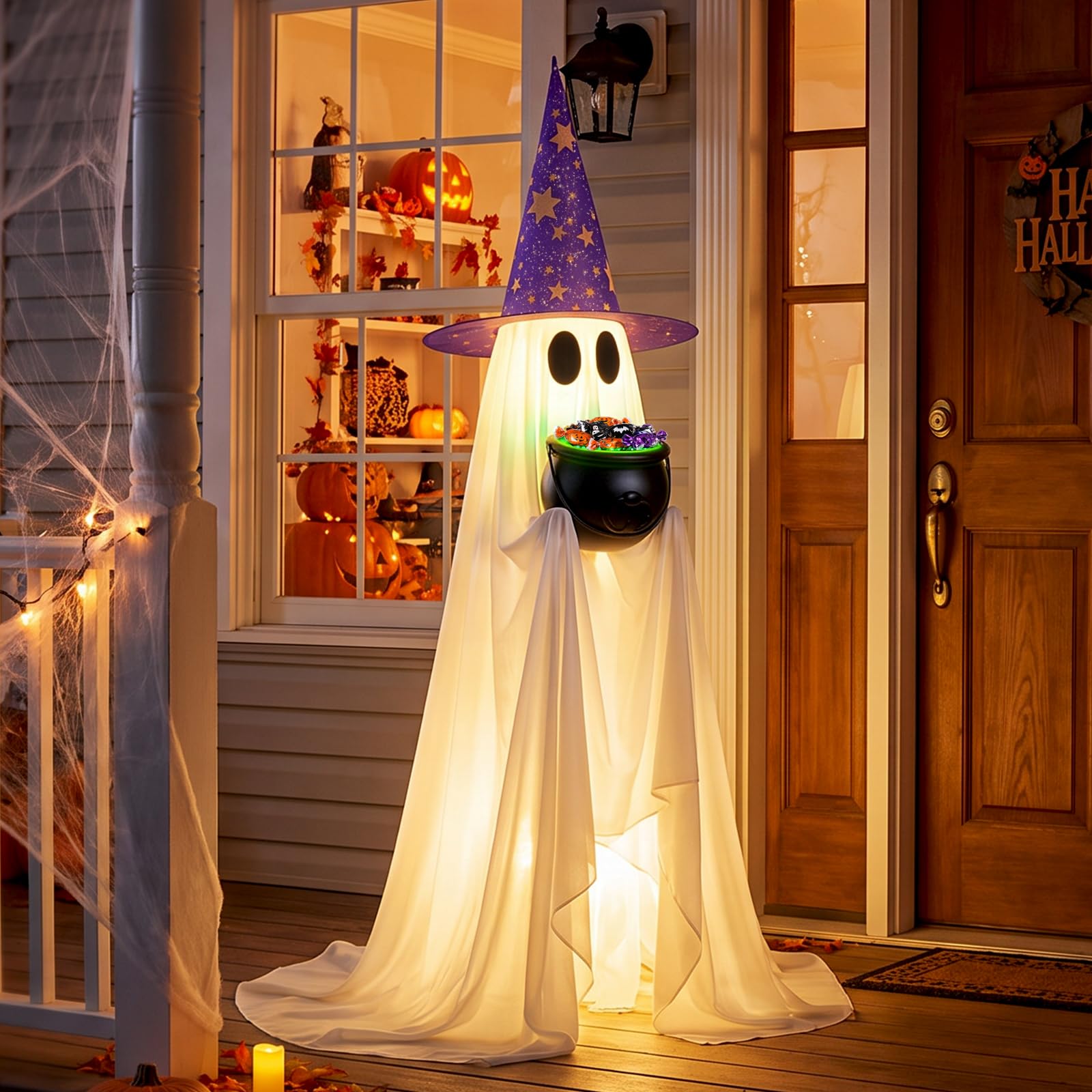 Sehloran ghost front view on porch showing warm glow and welcoming charm
