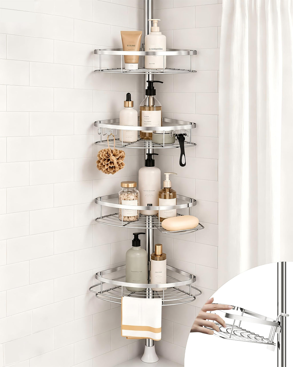 SEIRIONE front view corner caddy showing organized bathroom storage benefit