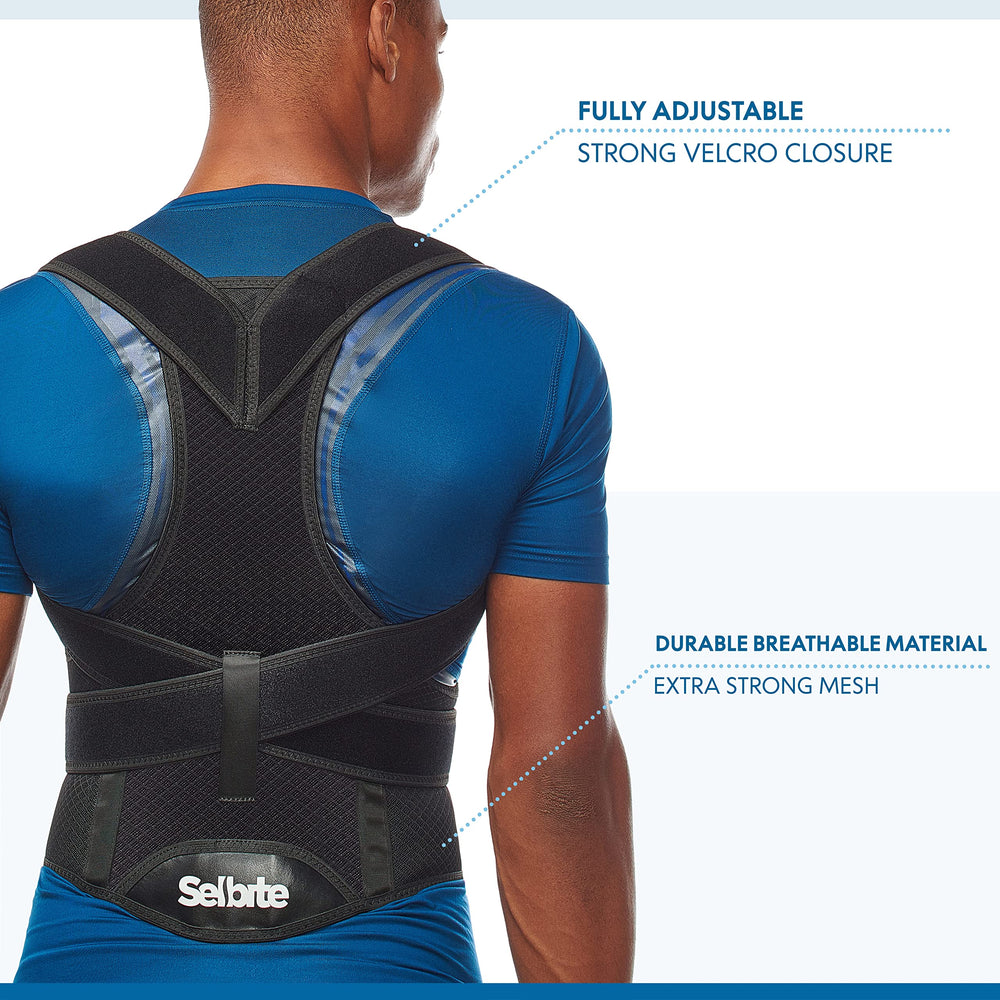 Selbite on model standing demonstrating correct posture alignment benefit