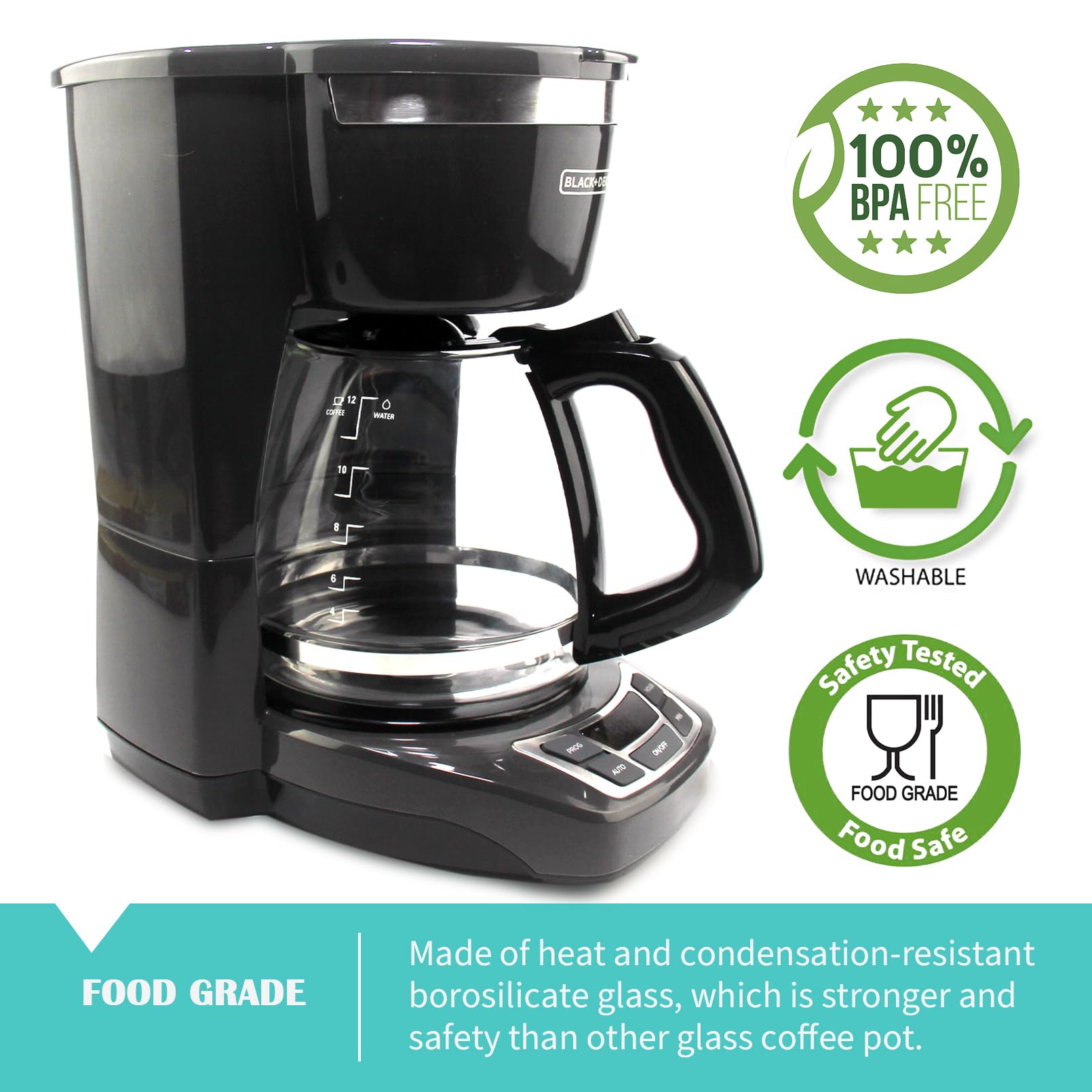 Sendextra carafe beside measuring cups showing 12-cup capacity benefit